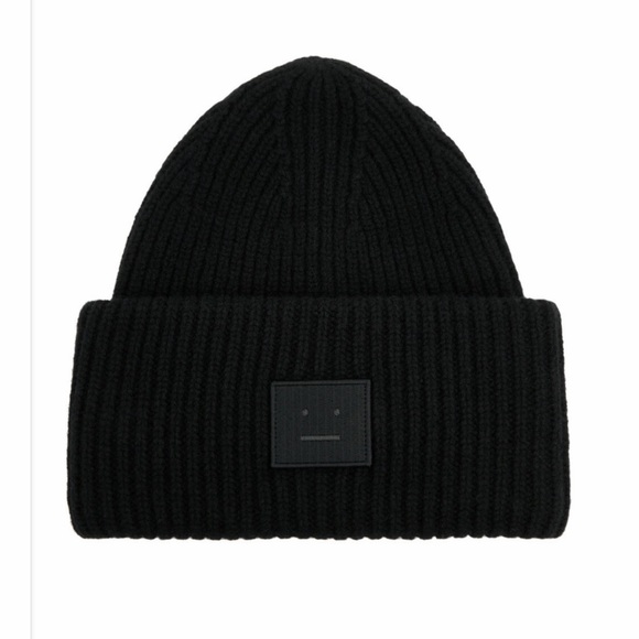 Acne Studios Accessories - Authentic Acne Studios PANSY N FACE Black Ribbed Knit Beanie OS 56 cm 100% Wool